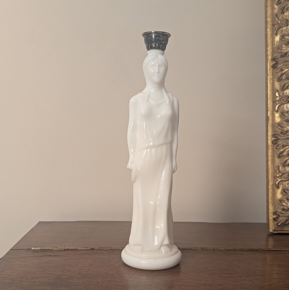 1969 Avon Grecian Lady Milk Glass Decanter - Skin So Soft Bath Oil